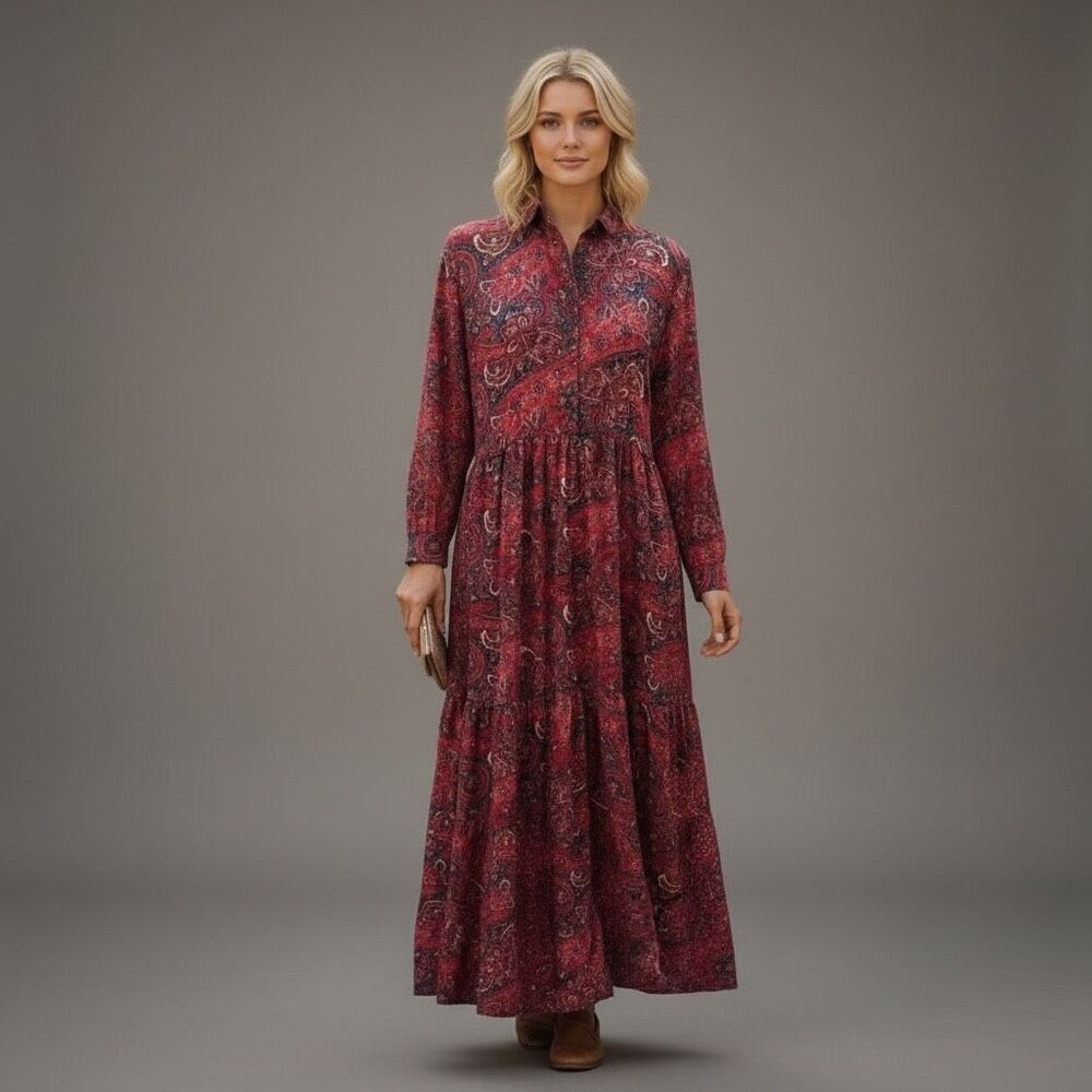 Chaudry Anthropologie Women's Large Boho Paisley Dress Long Sleeve Maxi